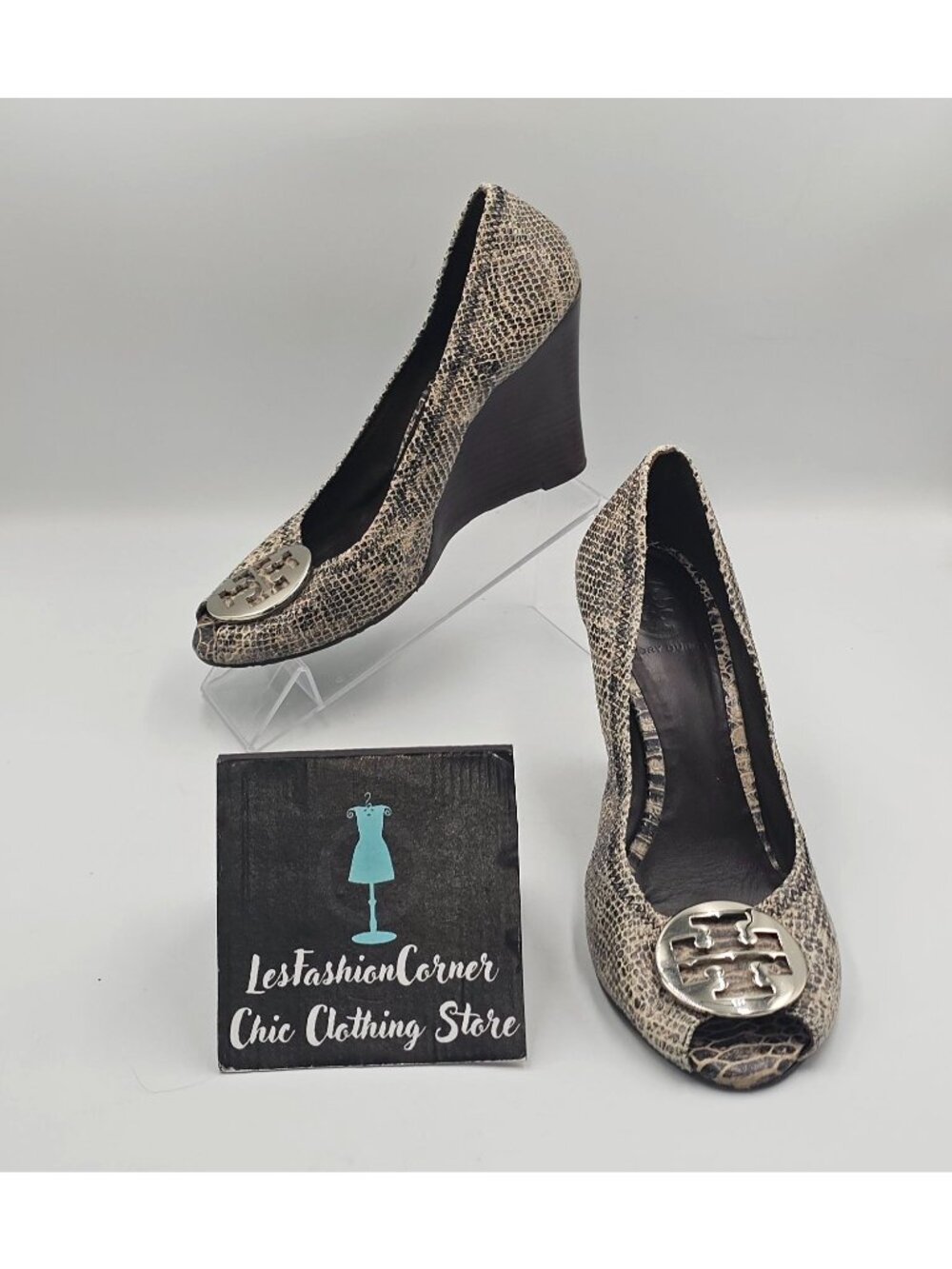 Tory Burch Women's Python Leather Julianne Peep Toe Wedge Pumps Shoe Size 9 3783